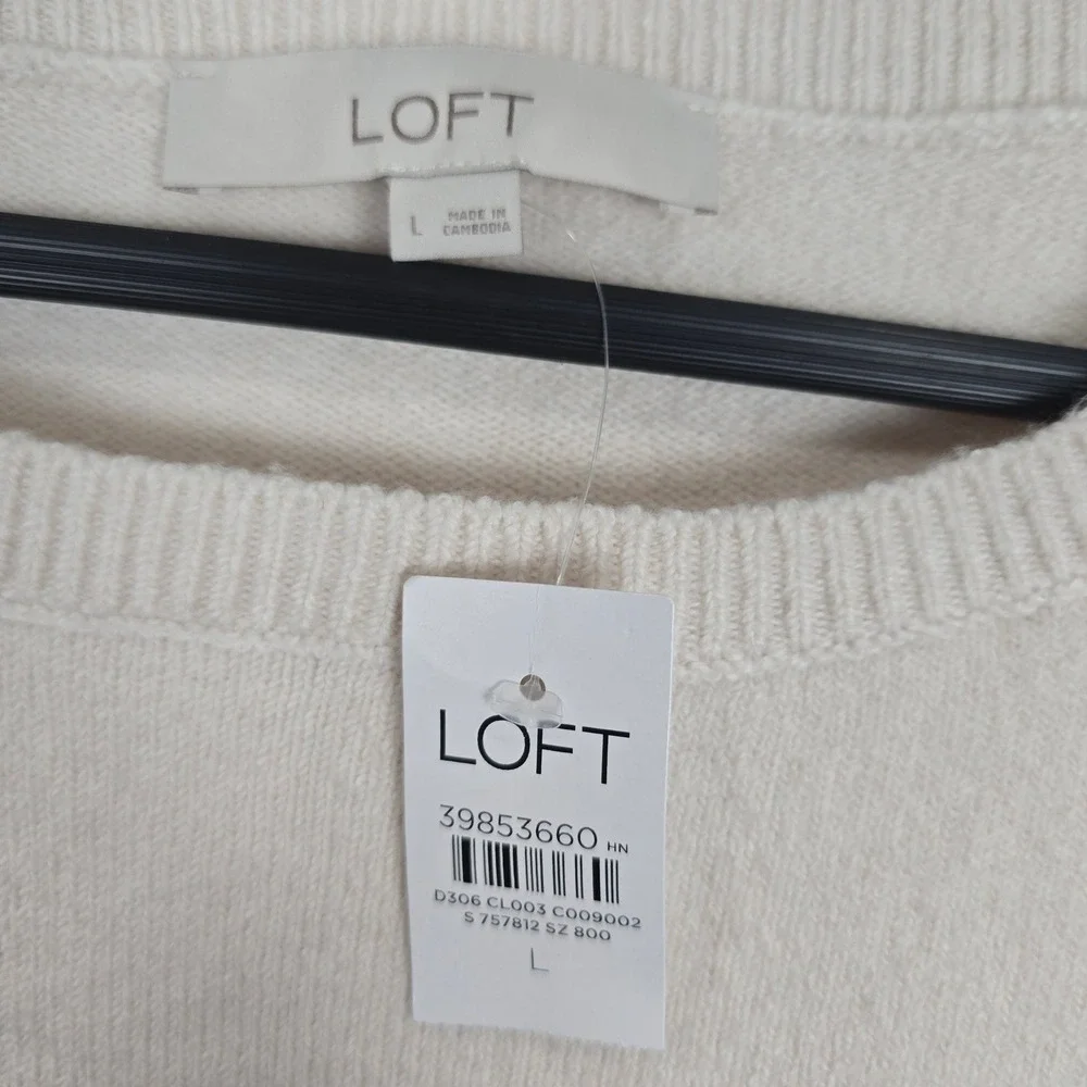 Loft Womens Cream Feather Cuff Crew Neck Sweater Large NWT Ivory Knit Pullover